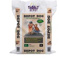 Salt Depot Depot Dog Pet Friendly Ice Melt 20 lb bag with a dog and child on the front.