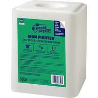 Diamond Crystal Iron Fighter 50 lb salt block for water softeners, white block with a green label.