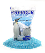 Emperor Melt pet-friendly ice melt 50 lb bag with a pile of blue granules, effective to -15°F.