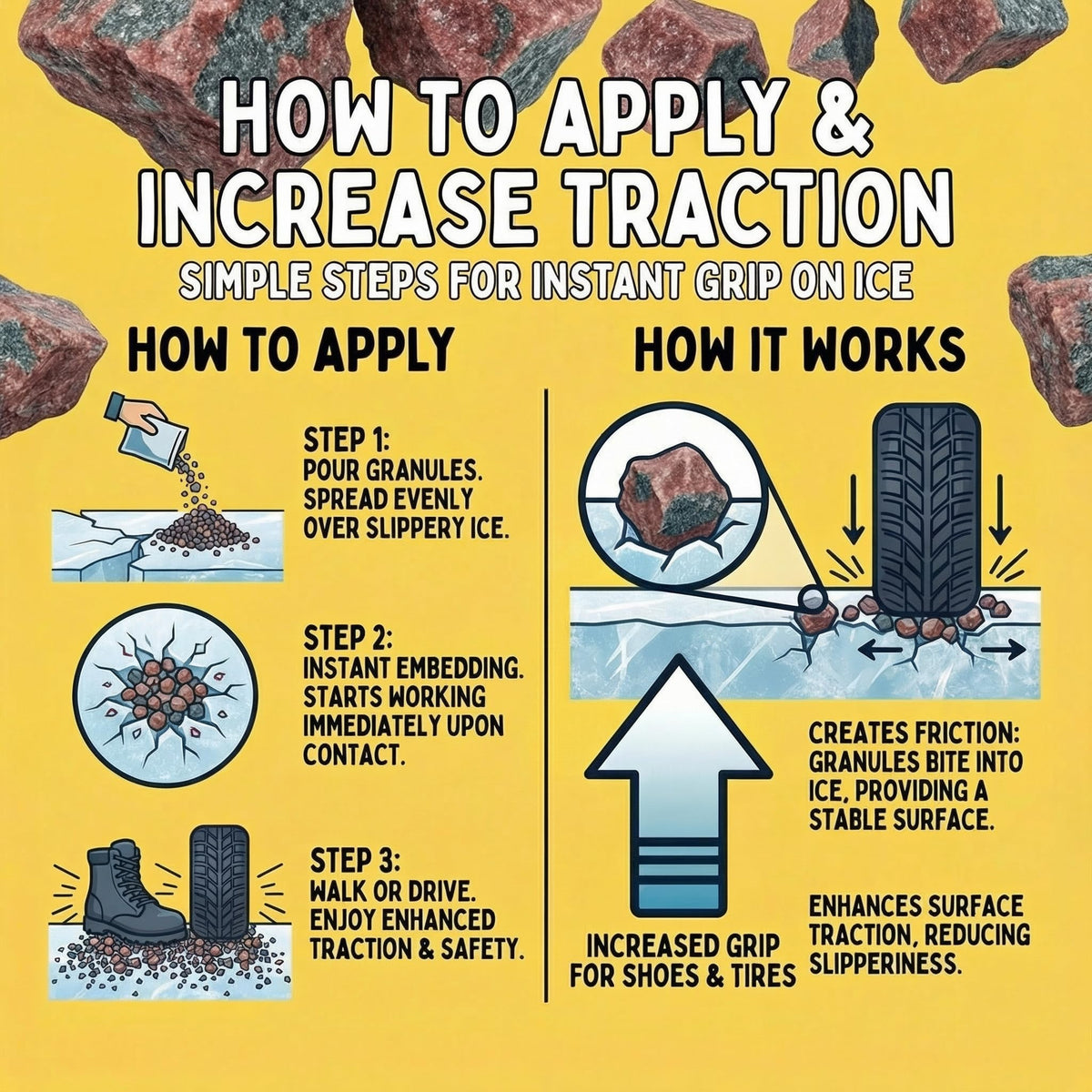 Graphic of how to apply Glacier Grip: pour, embed, walk or drive.