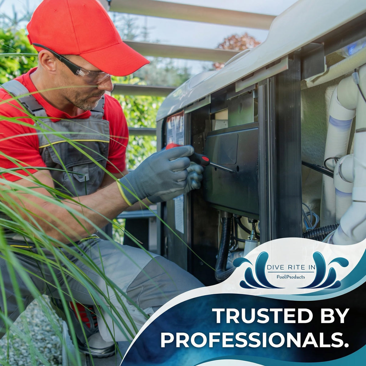 Technician servicing a hot tub, text trusted by professionals.