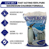 Emperor Melt feature graphic beside the 50 lb bag: fast acting, no oily residue, works to -15°F.