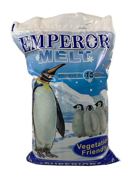 Emperor Melt 50 lb bag front with the penguin artwork, printed effective to -15°F and vegetation friendly.