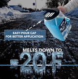 Hand pouring blue ice melt from the shaker's easy-pour cap onto an icy lot.