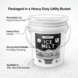 Diagram of the 45 lb bucket: resealable lid, heavy duty design, strong metal handle, 45, 20 and 8 lb sizes.