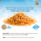 Pile of orange ice melt granules, printed a blend of magnesium chloride, corrosion inhibitors and sodium chloride with CMA.