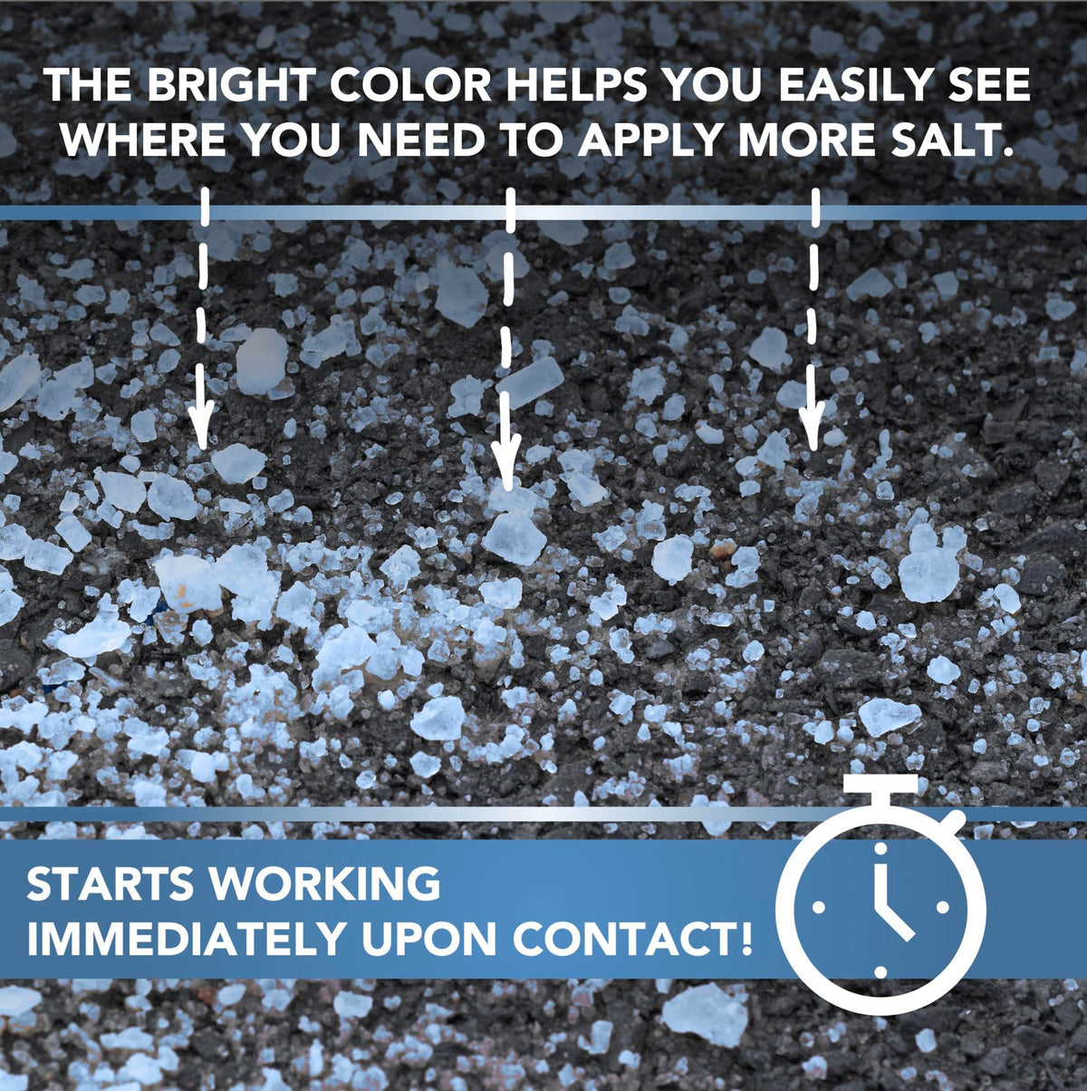 Close-up of white and clear ice melt granules on asphalt, text starts working immediately upon contact.