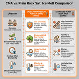 Comparison chart of CMA ice melt and plain rock salt for corrosion, environment, longevity and low temperature.