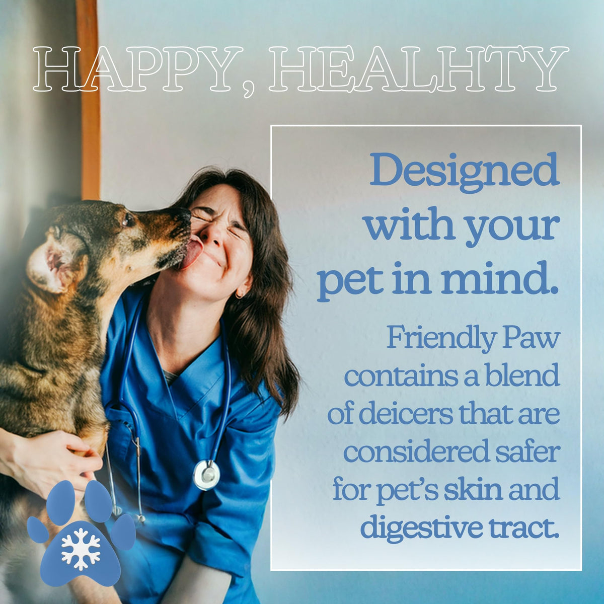 Veterinarian hugging a dog, text designed with your pet in mind.