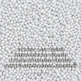 Close-up of round white urea pellets, text low dust and low residue, smooth granules.
