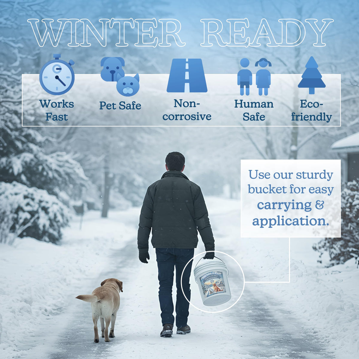 Man walking a dog down a snowy road carrying a Friendly Paw pail, icons for works fast and non-corrosive.