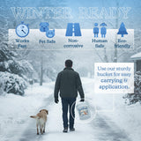 Man walking a dog down a snowy road carrying a Friendly Paw pail, icons for works fast and non-corrosive.