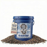 Glacier Grip pail of stone granules with a tag printed traction control, enhanced with red potash.