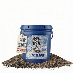 Glacier Grip pail of stone granules with a tag printed traction control, enhanced with red potash.