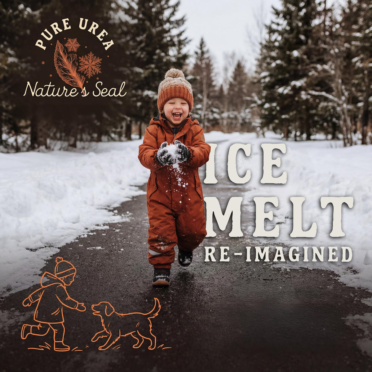Child running on a cleared path, text Nature's Seal ice melt re-imagined.