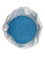 Open Emperor Melt 50 lb bag seen from above, filled with blue ice melt granules.