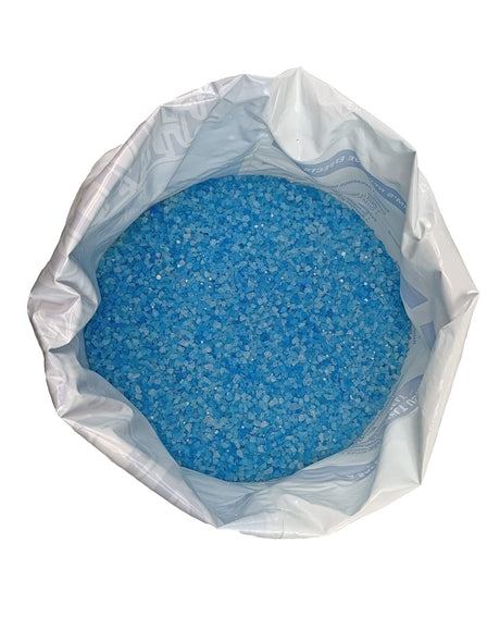 Open Emperor Melt 50 lb bag seen from above, filled with blue ice melt granules.