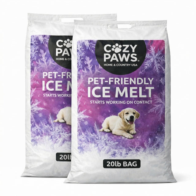 Two Cozy Paws Pet-Friendly Ice Melt 20 lb bags from Home and Country USA, printed starts working on contact.
