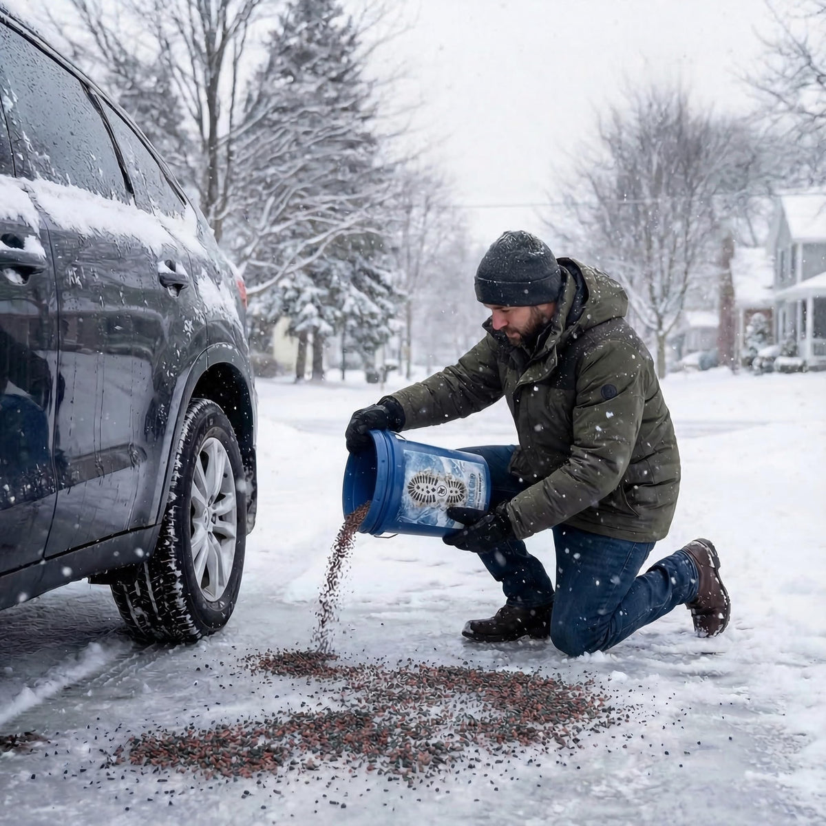 Man pouring Glacier Grip granules from a pail beside a car on a snowy street.