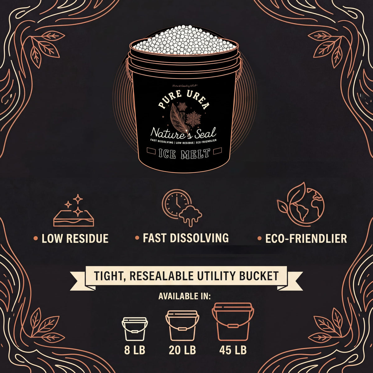 Graphic: low residue, fast dissolving, tight resealable utility bucket in 8, 20 and 45 lb.