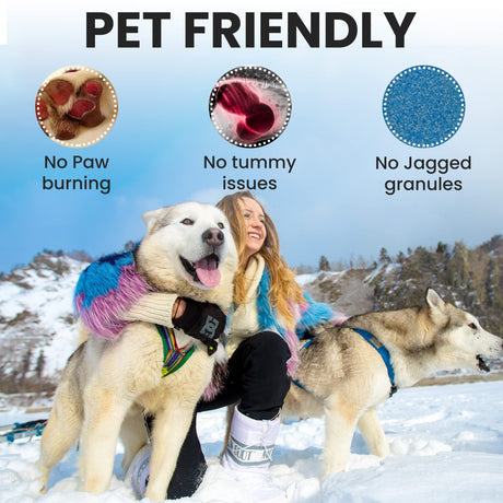 Emperor Melt pet friendly graphic with two huskies: no paw burning, no tummy issues, no jagged granules.