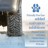 Tire on an icy road, text Friendly Paw has added corrosion inhibitors.