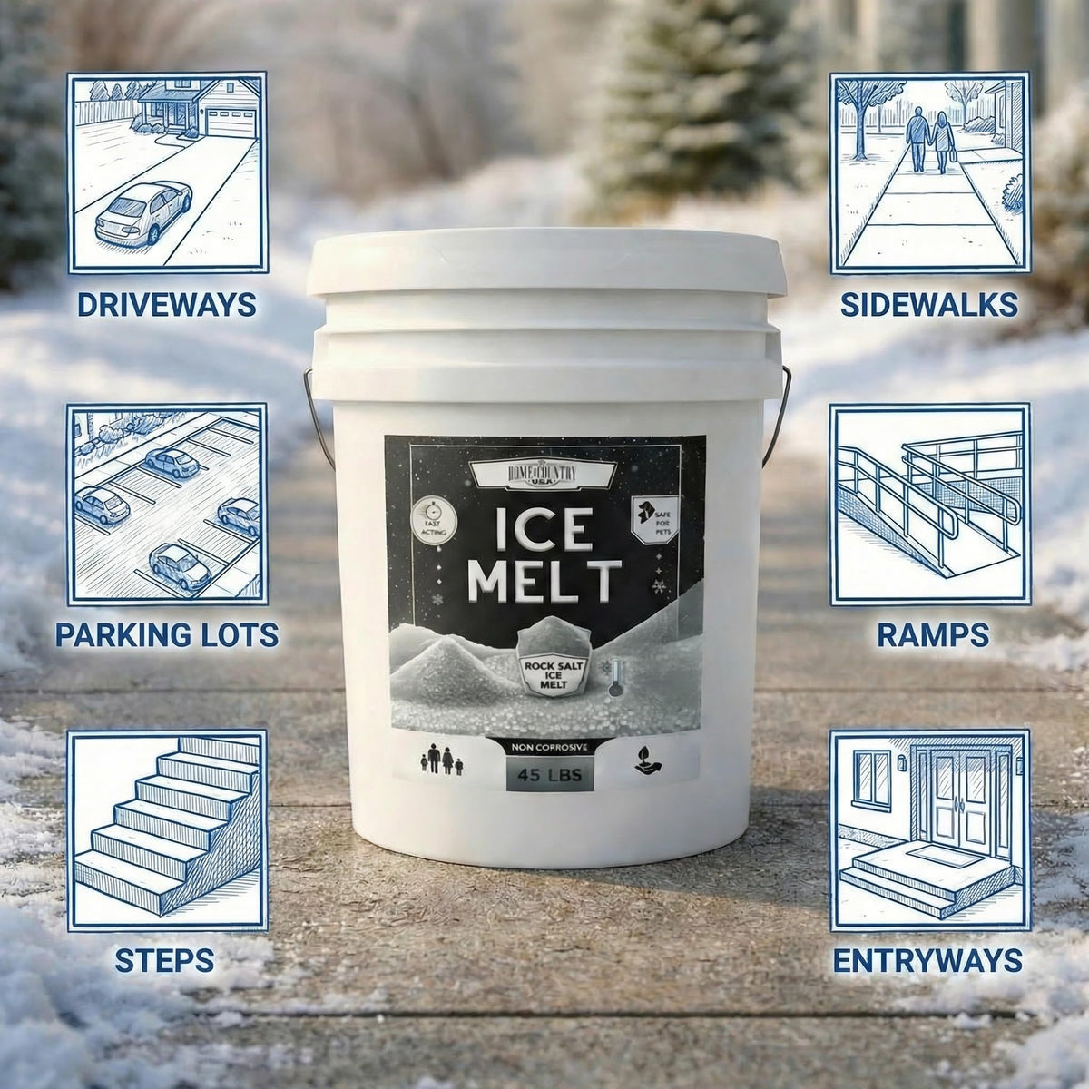Ice melt pail surrounded by icons for driveways, sidewalks, parking lots, ramps, steps and entryways.