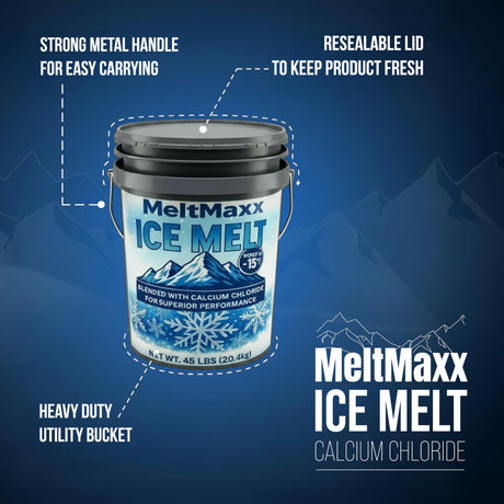MeltMaxx Ice Melt 8 to 45 lb pails, calcium chloride and rock salt blend rated to -15°F, view 6