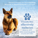 Dog lying on a snowy walk, text Friendly Paw melts ice down to -22°F.