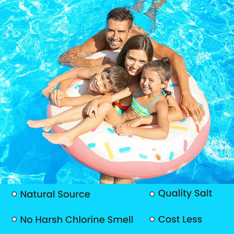 Family on a donut float in a backyard swimming pool.
