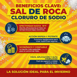 Spanish graphic: sal de roca cloruro de sodio, efectividad hasta 15°F.