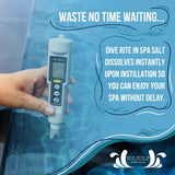 Hand holding a salt meter in water, text Dive Rite In spa salt dissolves instantly.