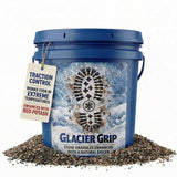 Glacier Grip pail of stone granules enhanced with a natural deicer, with a traction control tag.