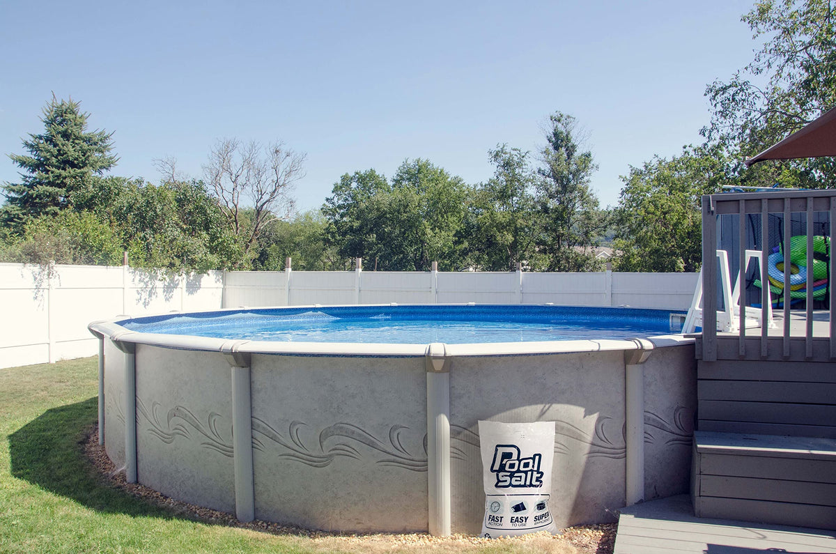 Above-ground pool with a Pool Salt bag standing against its wall.