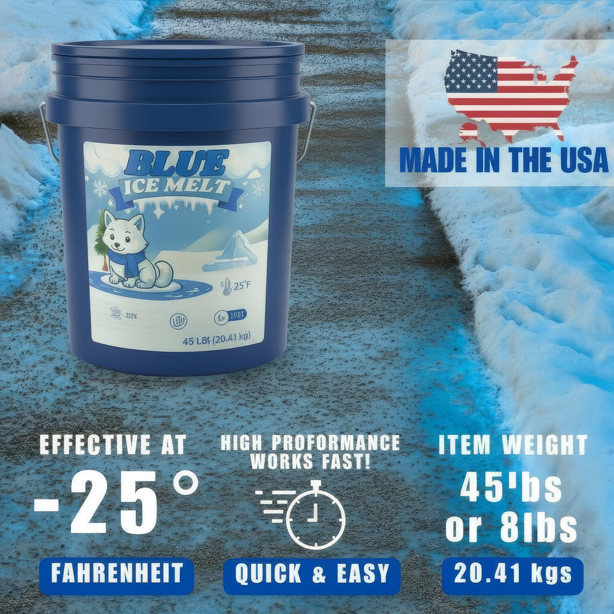 Blue Arctic Fox Ice Melt 45 lb pail on a cleared walk, graphic printed effective at -25°F.