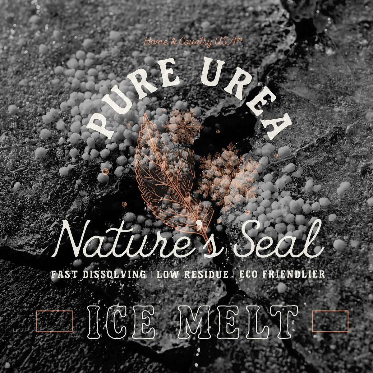 Nature's Seal Pure Urea logo over pellets on dark pavement.