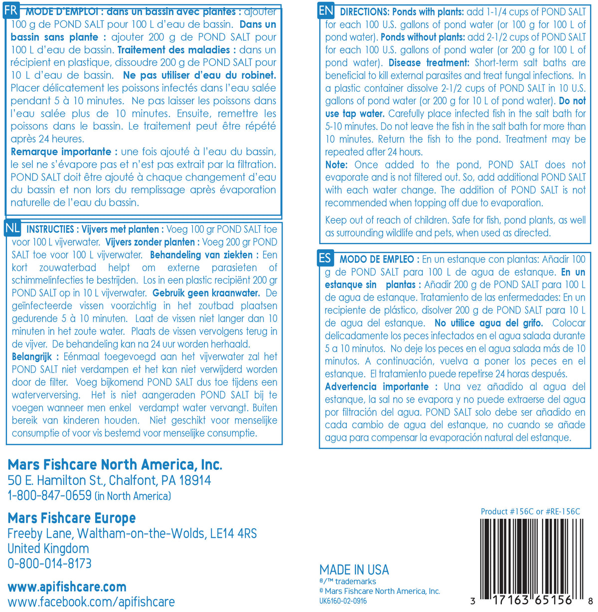 Back of the API Pond Salt carton with directions in four languages, made in USA.