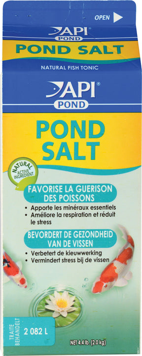 API Pond Salt 4.4 lb carton printed natural fish tonic, with koi and a water lily.