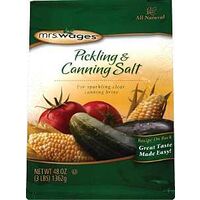 Mrs. Wages Pickling and Canning Salt 48 oz green pouch with tomatoes, corn and a cucumber.