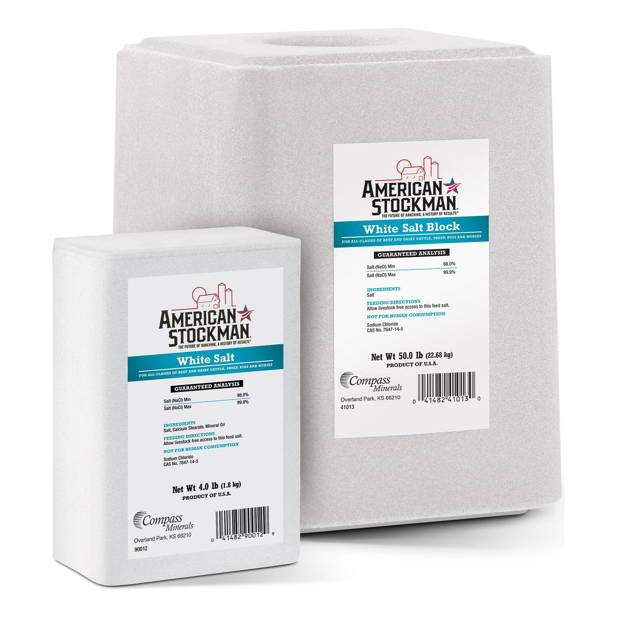 American Stockman White Salt 50 lb block and 4 lb brick, white blocks with blue labels.