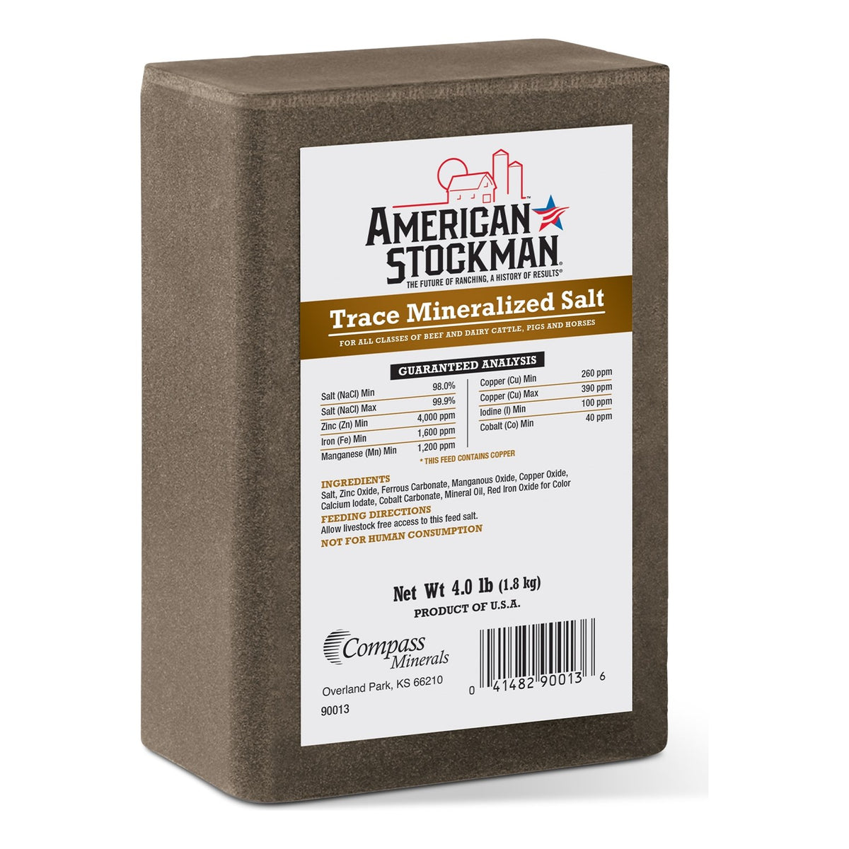 American Stockman Trace Mineralized Salt 4 lb brick, brown brick with a white label.