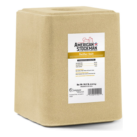 American Stockman Sulfur Salt 50 lb block, tan block with a white label.
