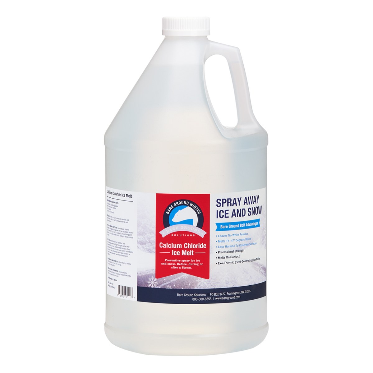 Bare Ground Bolt calcium chloride liquid ice melt 1 gallon jug, printed spray away ice and snow, melts on contact.