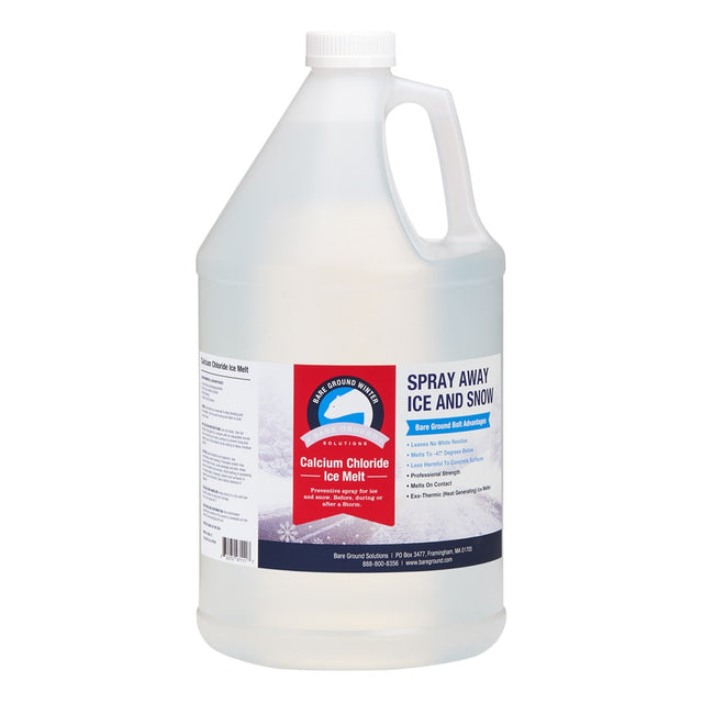 Bare Ground Bolt calcium chloride liquid ice melt 1 gallon jug, printed spray away ice and snow, melts on contact.