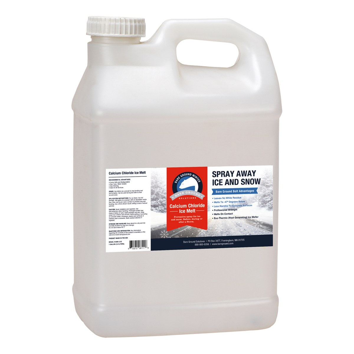 Bare Ground Bolt calcium chloride liquid ice melt 2.5 gallon jug with a wide cap, printed professional strength.