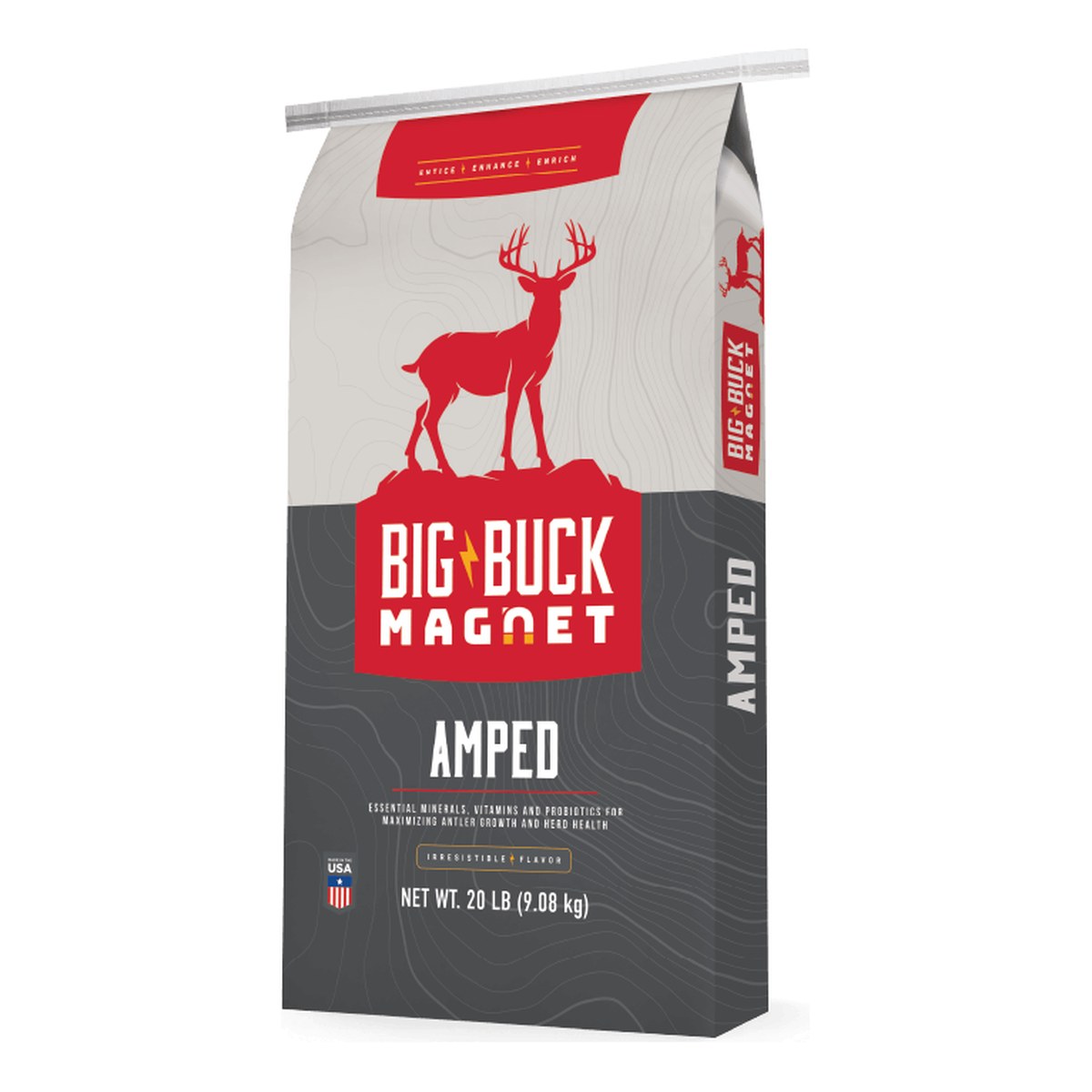Big Buck Magnet Amped deer mineral 20 lb bag, gray and red pack with a buck silhouette, made in USA.