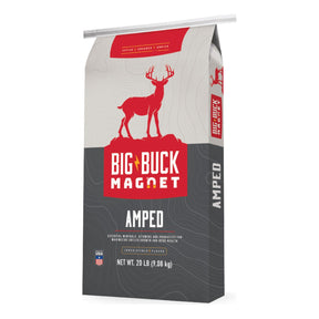 Big Buck Magnet Amped deer mineral 20 lb bag, gray and red pack with a buck silhouette, made in USA.