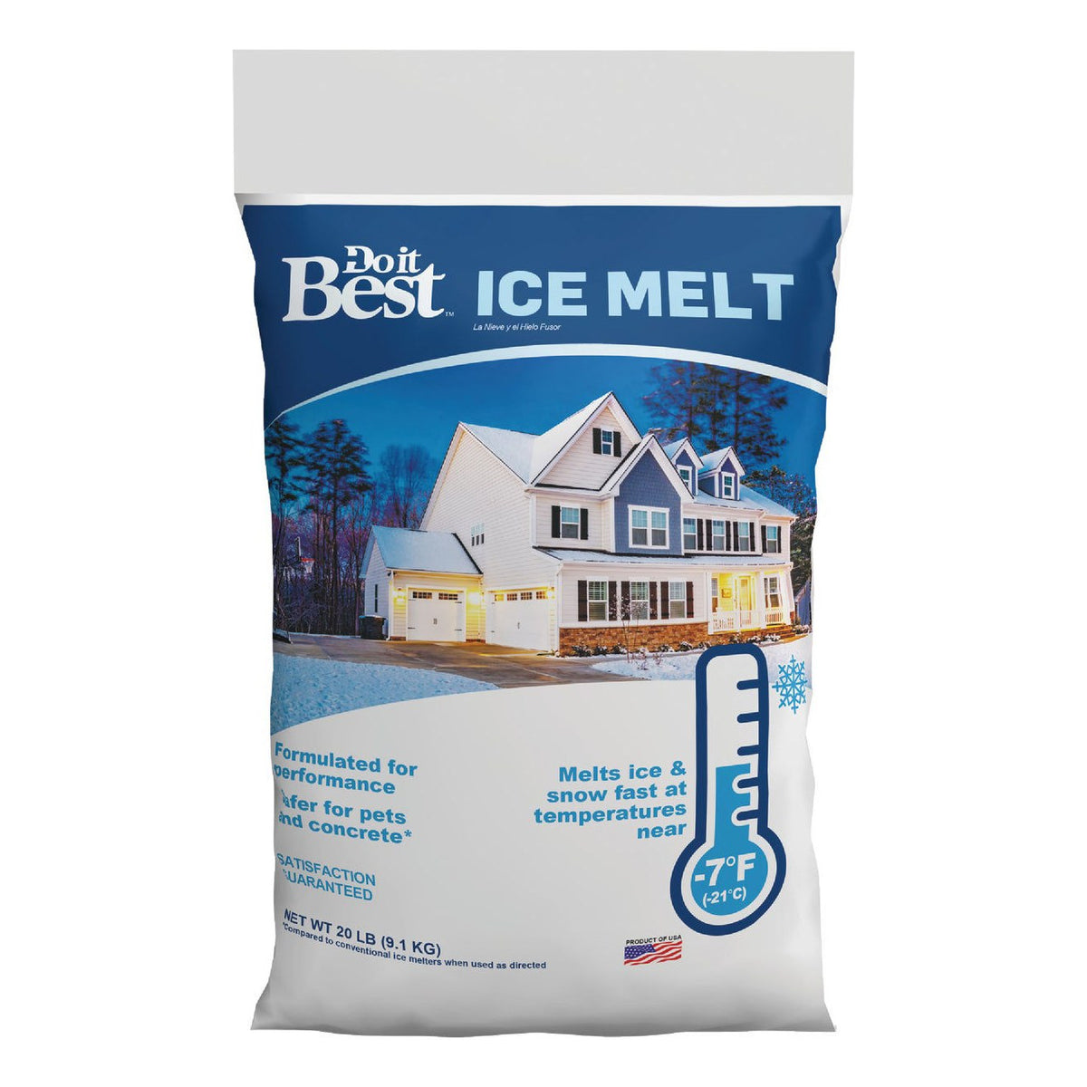 Do it Best Ice Melt 20 lb bag, printed melts ice and snow fast at temperatures near -7°F.