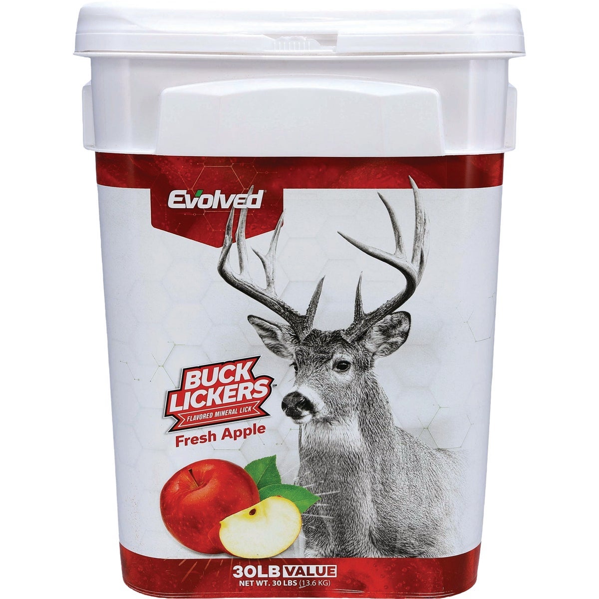 Evolved Buck Lickers Fresh Apple flavored mineral lick 30 lb bucket with a whitetail buck and apples.