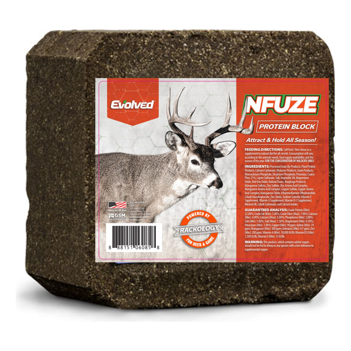 Evolved NFUZE Protein Block, brown block with an orange label printed attract and hold all season.